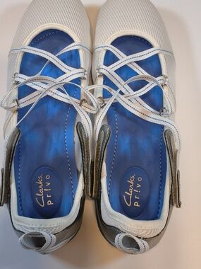 Clarks Privo White and Blue Mary Janes